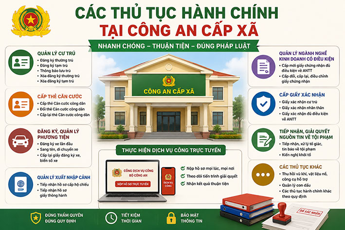 Bộ Công an đưa các thủ tục hành chính về công an cấp xã nhằm phân cấp, đơn giản hóa thủ tục. Đồ họa: Quang Việt