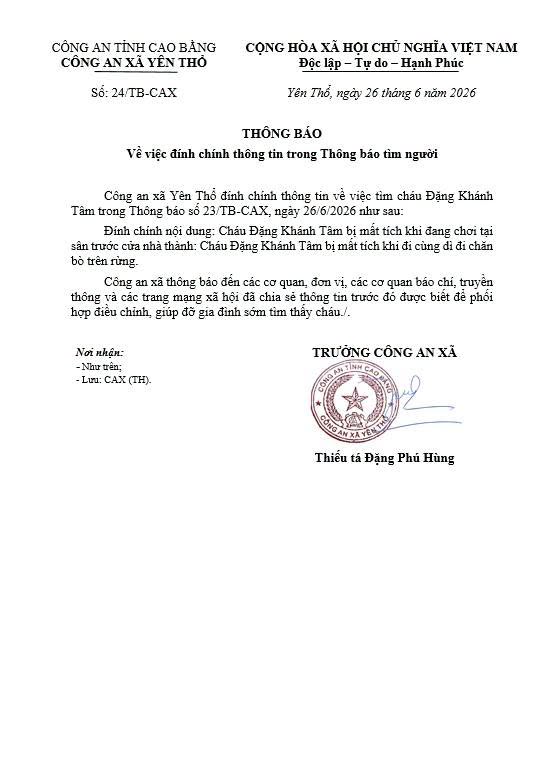 Thông báo đính chính thông tin nơi cháu Khánh Tâm mất tích của Công an xã Yên Thổ. Ảnh: ĐVCC