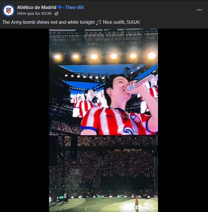 Trang chủ mạng xã hội của Atletico Madrid đăng tải hình ảnh Suga (BTS) mặc mẫu áo đấu mới của câu lạc bộ. Ảnh chụp màn hình