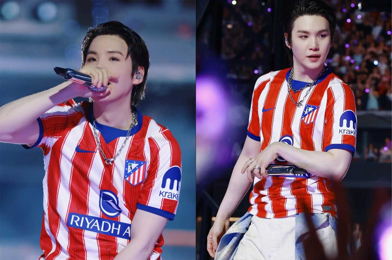 Suga (BTS) appears with an unreleased Atletico Madrid jersey. Photo cut from video