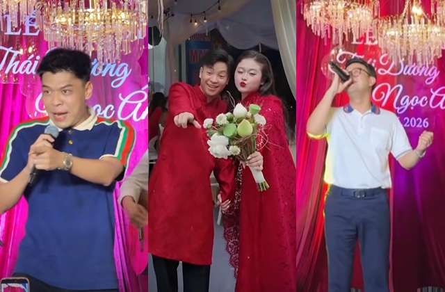 Actor Trung Ruoi, Meritorious Artist Thai Son sing for groom Thai Duong and bride Ngoc Anh at the engagement ceremony. Photo cut from video.