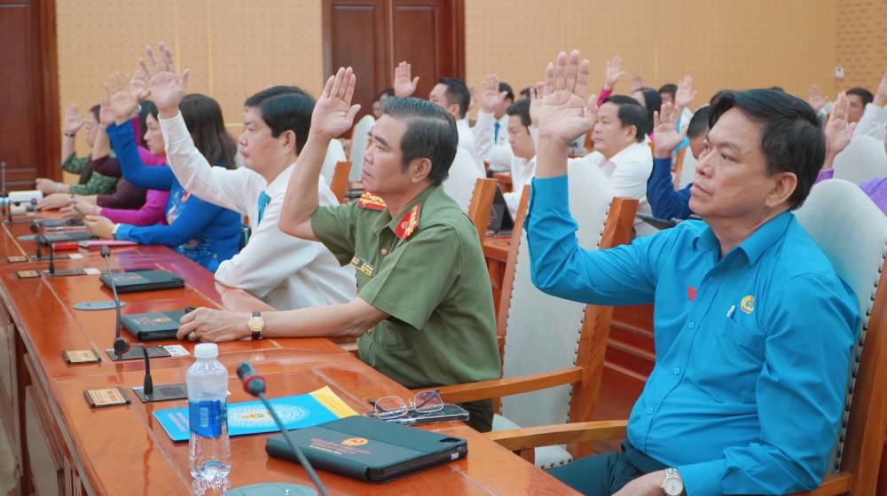 Vote to approve the draft report on the Resolution Regulating policies to support investment in technical infrastructure construction of industrial clusters in An Giang province. Photo: Nguyen Anh