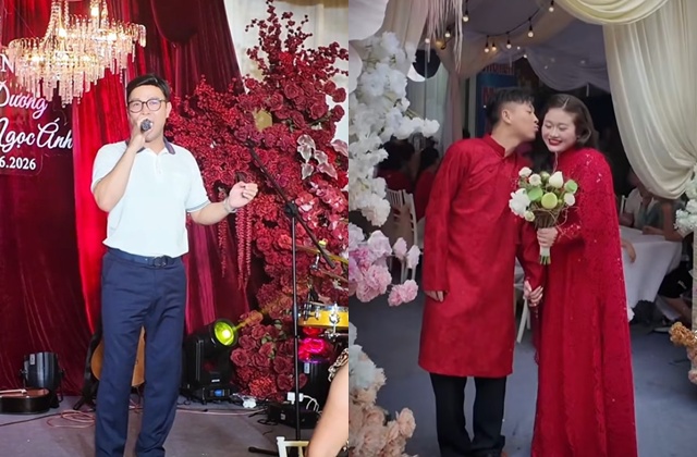 Meritorious Artist Thai Son performs the song "Love on the Quan Ho River" at actor Thai Duong's engagement ceremony. Photo cut from video