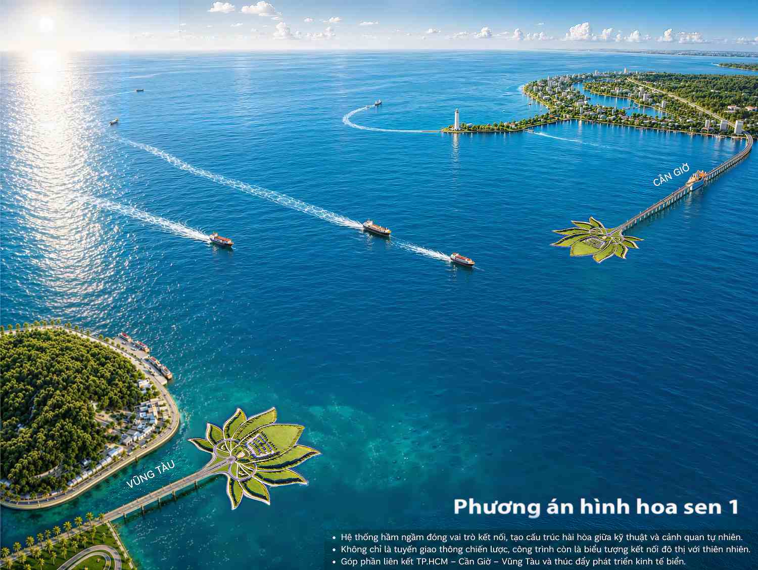 Perspectiva de la carretera marítima Cần Giờ - Vũng Tàu con 2 áreas de entrada al túnel en forma de flor de loto. Foto: Inversor