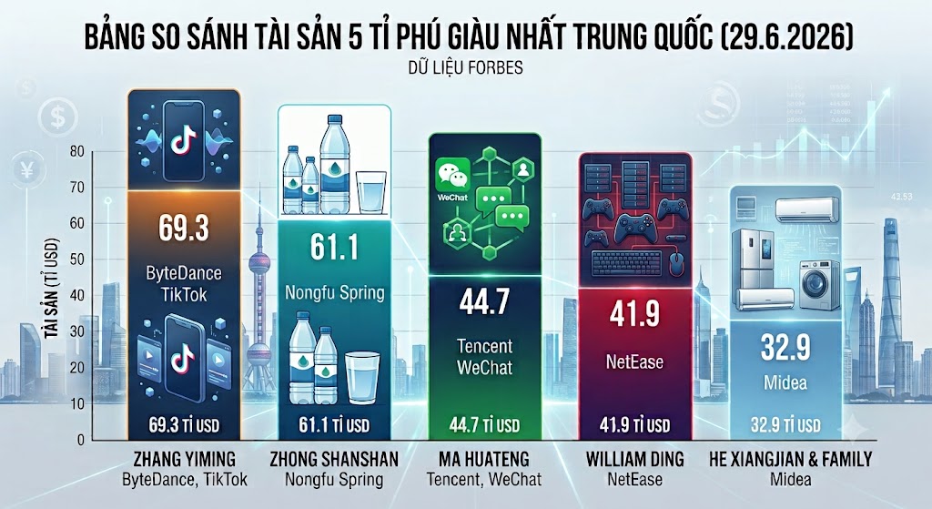 Table comparing the assets of the 5 richest billionaires in China, in which Mr. Zhang Yiming - founder of ByteDance (TikTok's parent company) leads. Illustration: AI