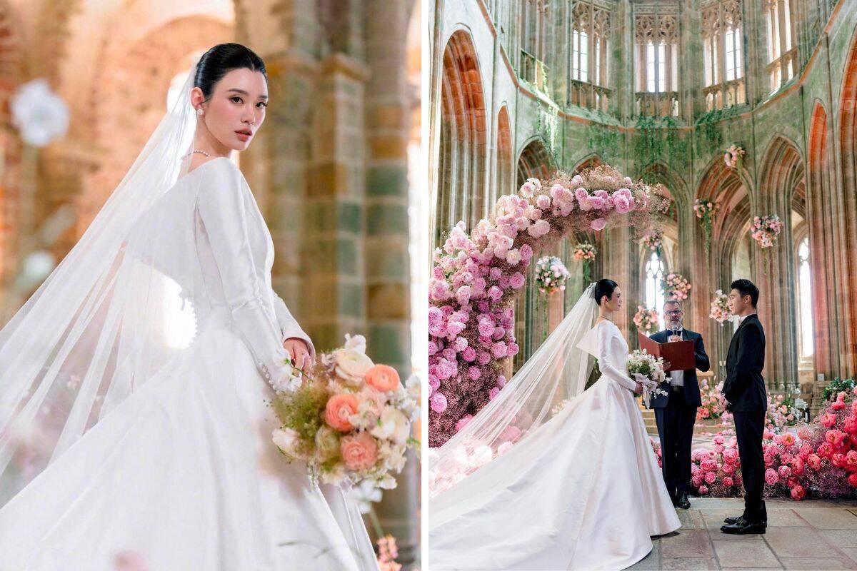 Nữ siêu mẫu diện váy cưới được Giám đốc sáng tạo Dior thiết kế riêng. Ảnh: Xinhua