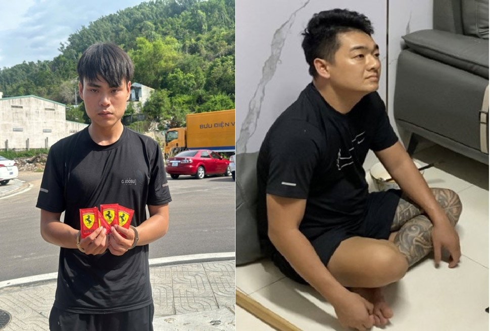 Công an phát hiện Nguyễn Ngọc Huy (trái) mang ma túy để bán cho đối tượng Võ Văn Sang (phải). Ảnh: Công an