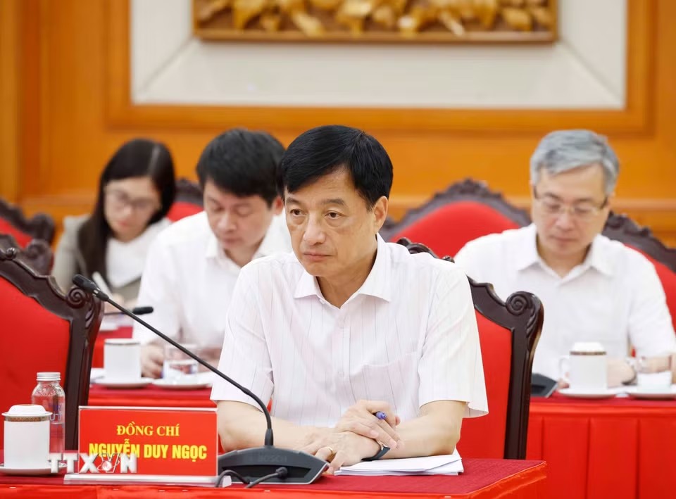 Ủy viên Bộ Chính trị, Bí thư Trung ương Đảng, Trưởng Ban Tổ chức Trung ương Nguyễn Duy Ngọc tại buổi làm việc. Ảnh: TTXVN