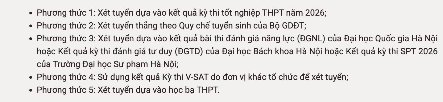 Các phương thức xét tuyển của Đại học Phenikaa năm 2026. Ảnh: Nhà trường