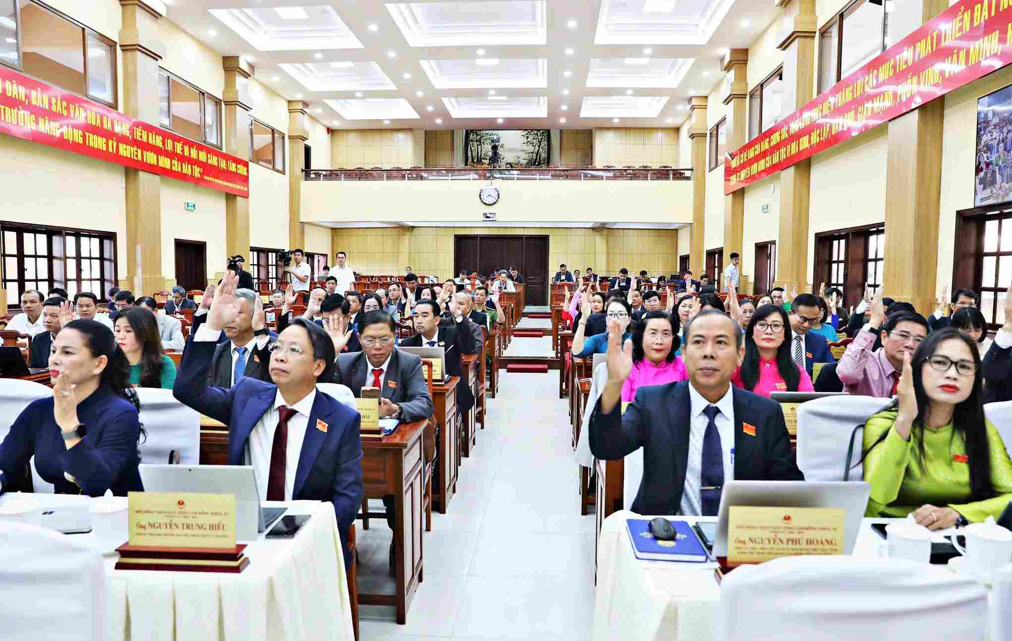 Delegates, vote to approve the program of the 4th session of the 11th Lam Dong Provincial People's Council. Photo: Thanh Le