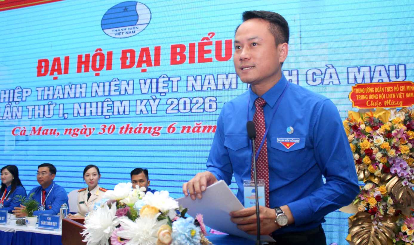 Anh Nguyễn Kim Quy - Bí thư Ban Chấp hành Trung ương Đoàn, Phó Chủ tịch Thường trực Trung ương Hội LHTN Việt Nam phát biểu tại đại hội. Ảnh: Nhật Hồ.