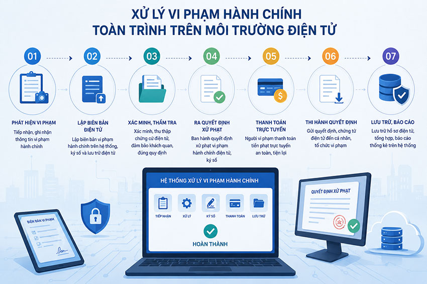 Cơ quan soạn thảo đề xuất xử lý vi phạm hành chính thực hiện toàn trình trên môi trường điện tử. Ảnh: Quang Việt (Đồ họa được hỗ trợ thực hiện bởi công cụ AI)