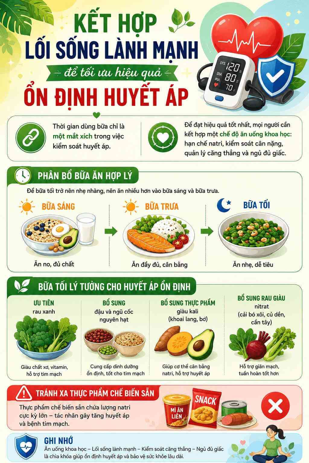 Infographic: Hướng dẫn kết hợp chế độ ăn lành mạnh nhiều kali và nitrat để tối ưu hóa việc kiểm soát huyết áp. Đồ họa: Trà My
