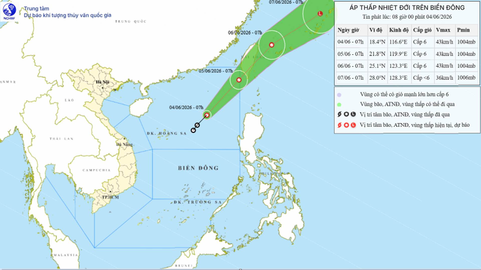 Update on the location and path of the tropical depression at 8:00 AM on June 4. Source: National Center for Hydro-Meteorological Forecasting