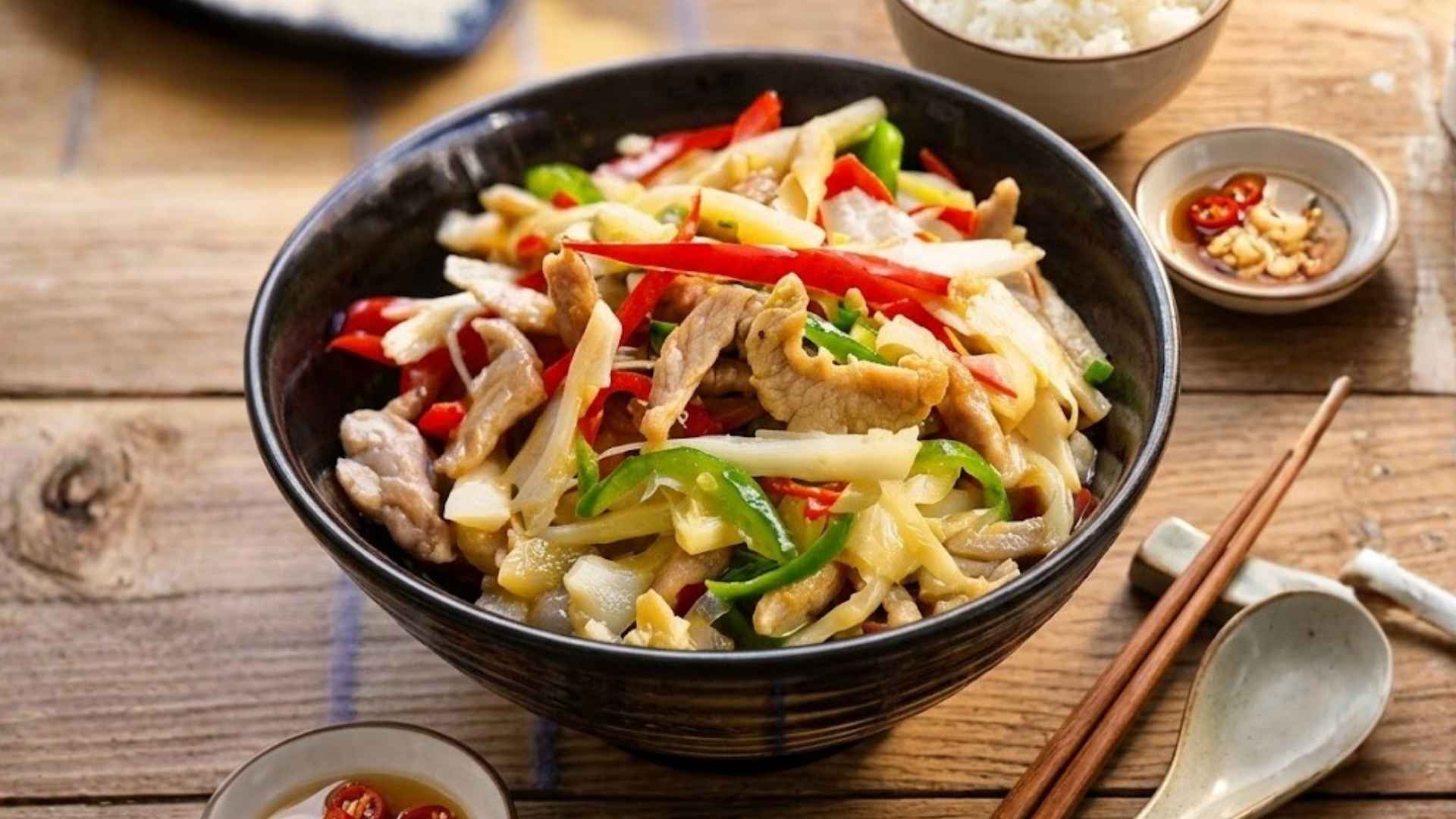 Hot sour bamboo shoot stir-fried pork with an attractive aroma, a mild sour taste blended with rich tender meat. Graphics: Minh Vu