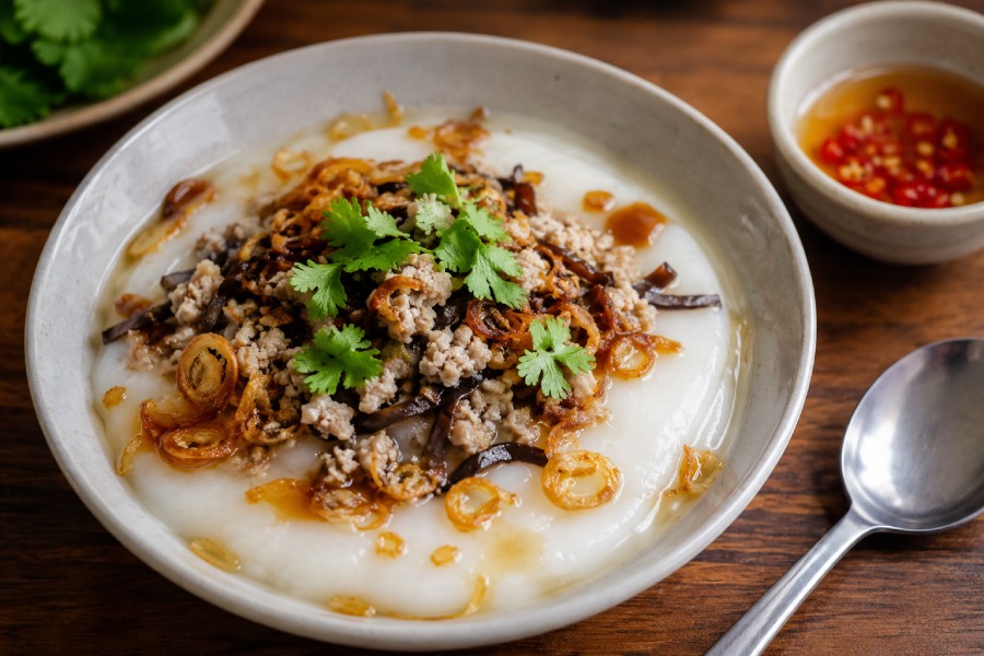 Bánh đúc nóng hoàn thiện với hành phi và nước mắm, thích hợp cho bữa xế. Ảnh: Thùy Linh 