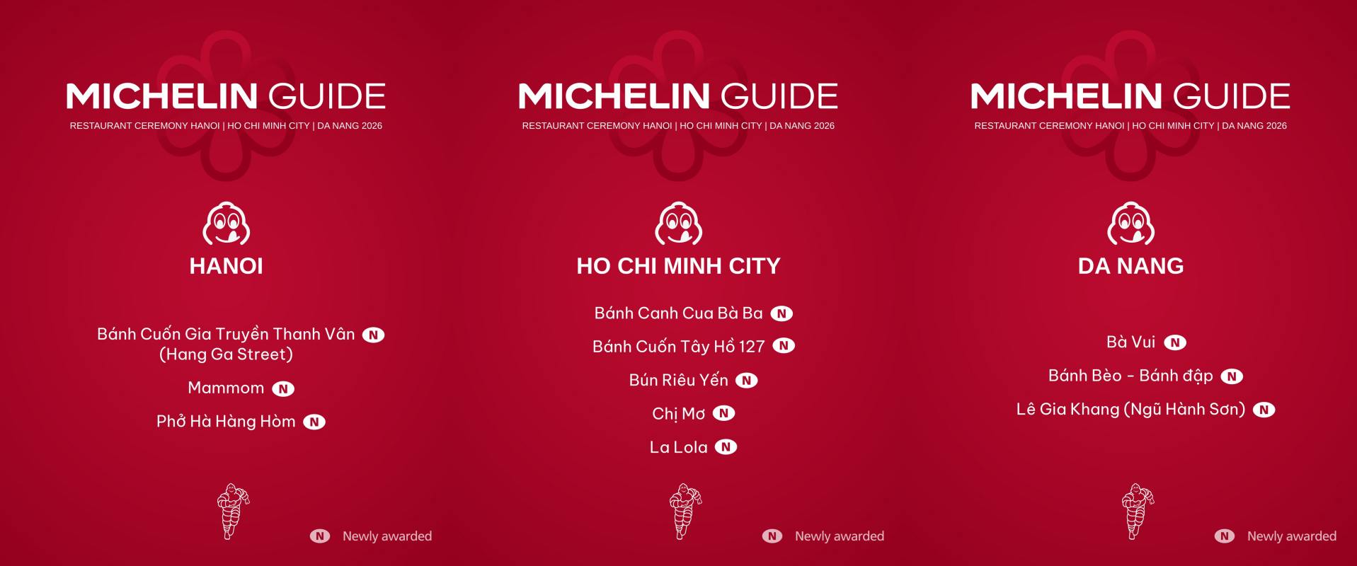 Danh sách các nhà hàng tuyển chọn mới tại Hà Nội, Đà Nẵng và TPHCM. Ảnh: Michelin Guide