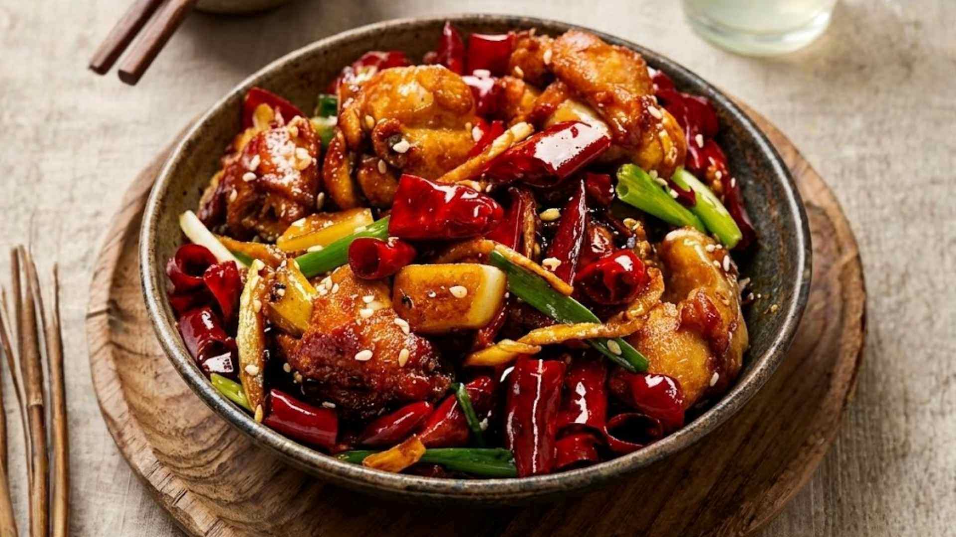 Gà rang ớt Tứ Xuyên hấp dẫn với lớp vỏ vàng giòn, phủ đều ớt khô và gia vị cay thơm đặc trưng của ẩm thực Trùng Khánh. Đồ họa: Minh Vũ