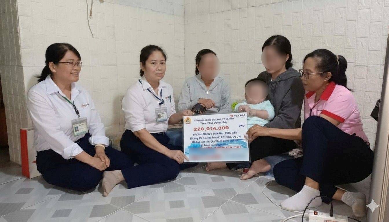 Bà Phạm Thị Tuyết Nhung - Chủ tịch CĐCS Công ty TNHH Yazaki EDS Việt Nam (bìa trái) thăm và hỗ trợ công nhân khó khăn. Ảnh: CĐCS cung cấp