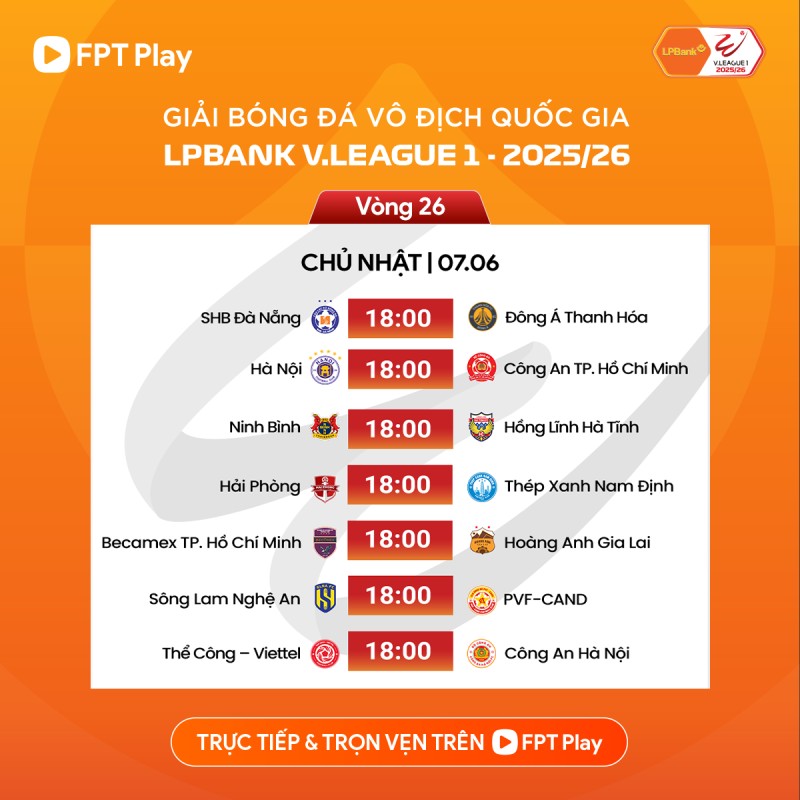 Lịch thi đấu vòng 26 V.League 2025-2026. Ảnh: FPT Play