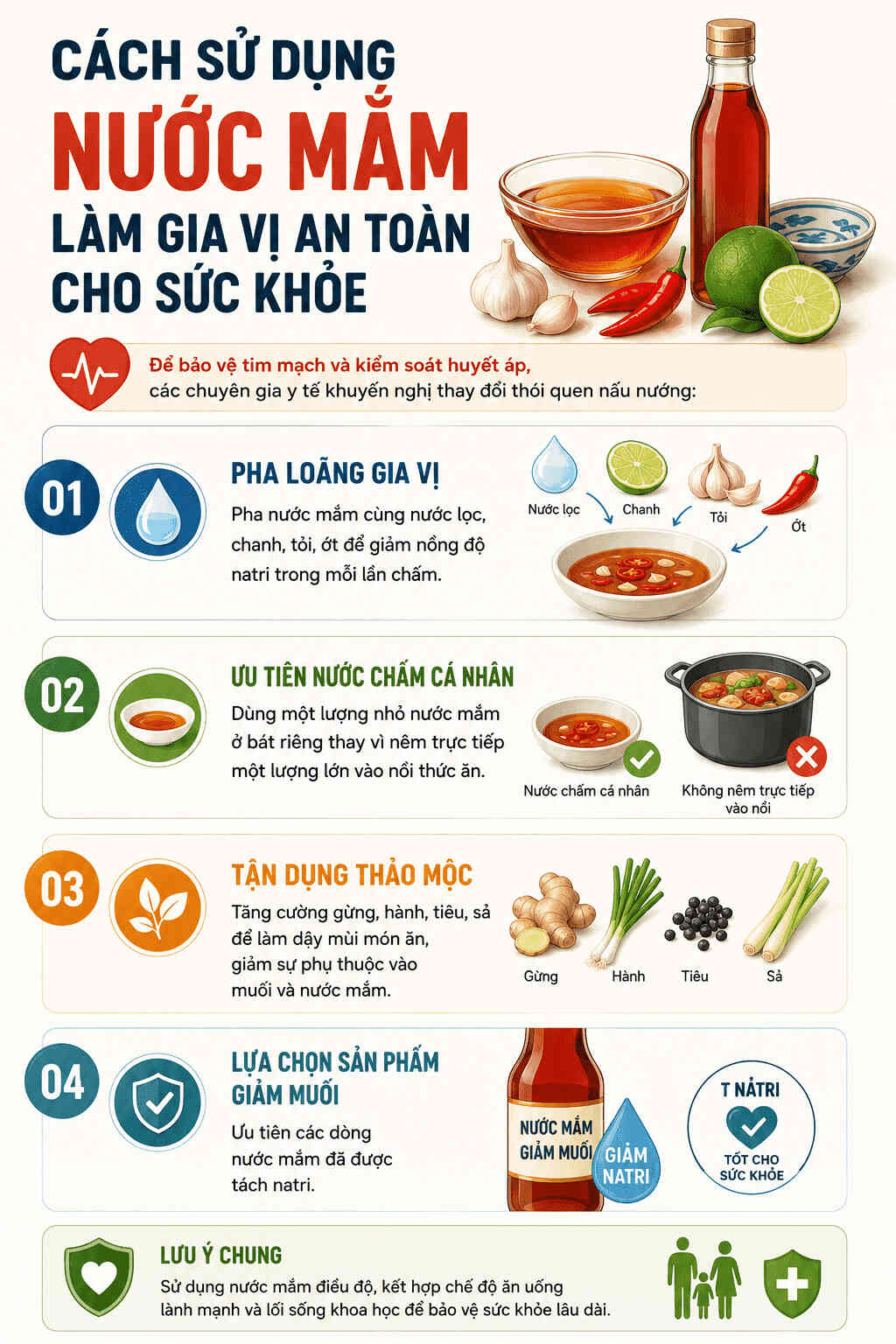 Infographic: Chi tiết hướng dẫn cách sử dụng nước mắm làm gia vị an toàn cho sức khỏe người bệnh cao huyết áp. Đồ họa: Trà My