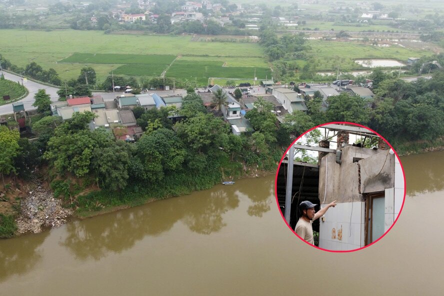 The left dike section of the Thao River in Phong Chau ward is subsided and eroded, causing damage. Photo: To Cong
