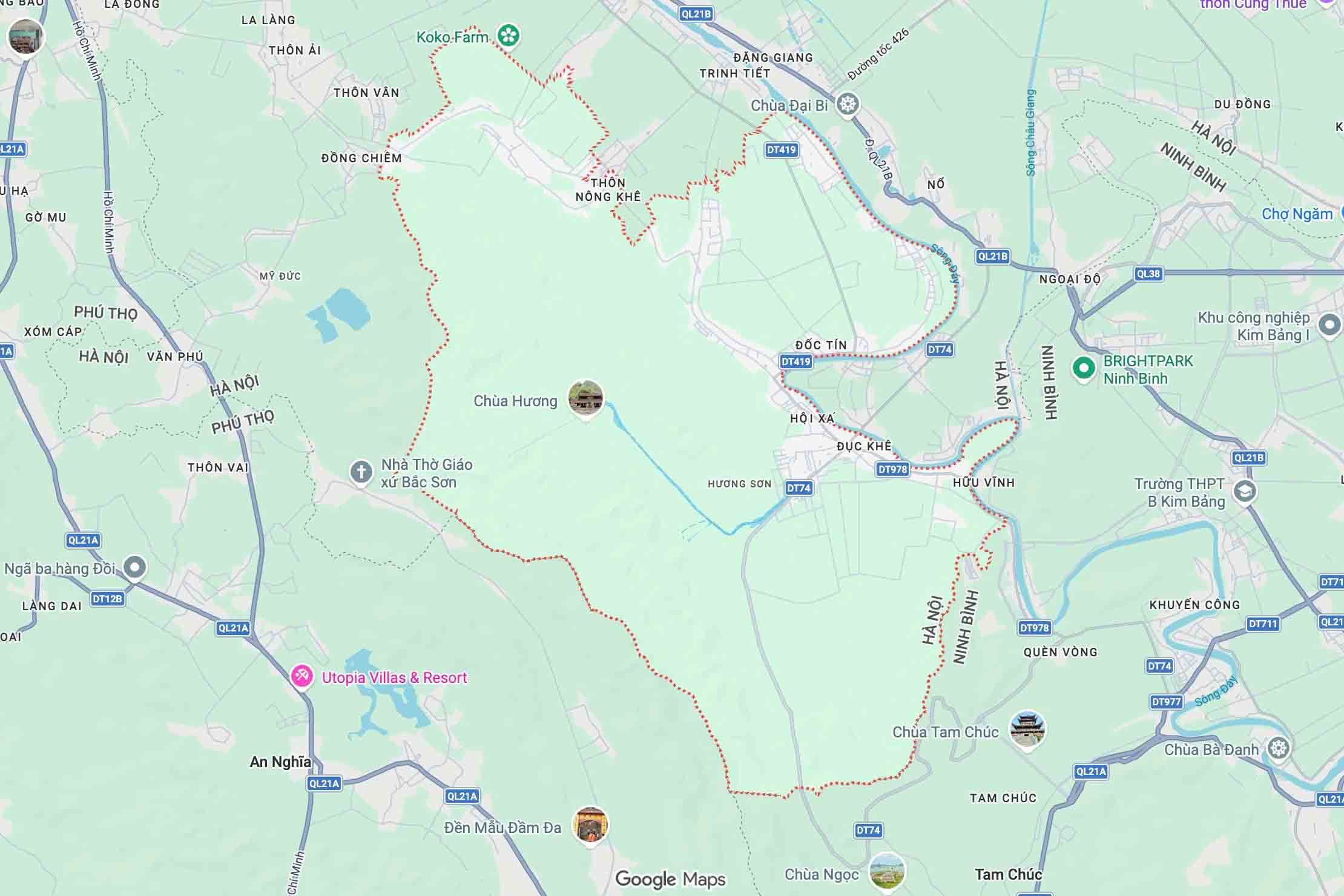 The project to invest in the construction of My Dinh - Ba Sao - Bai Dinh road (the section connecting from the Southern main road to Huong Son - Tam Chuc road) has a length of 12.5km through Huong Son commune (Hanoi). Photo: Google Maps