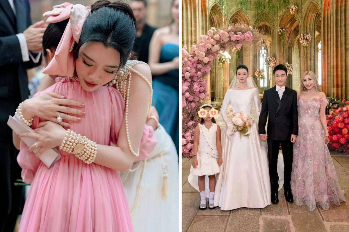 Hà Siêu Doanh và con gái trong tiệc cưới của Hề Mộng Dao - Hà Du Quân. Ảnh: Xinhua