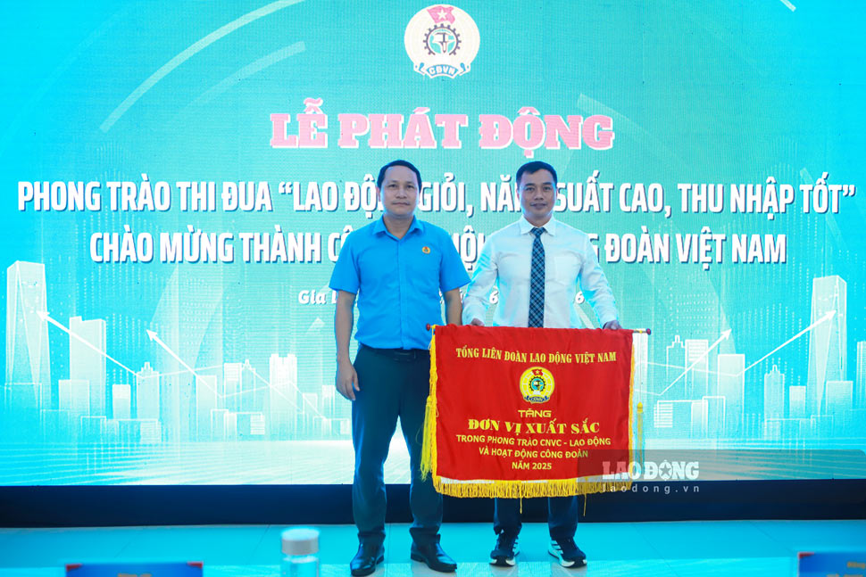 Ông Hà Duy Trung trao cờ thi đua cho Công đoàn cơ sở Bệnh viện Đa khoa Trung tâm tỉnh Gia Lai. Ảnh: Hoài Phương