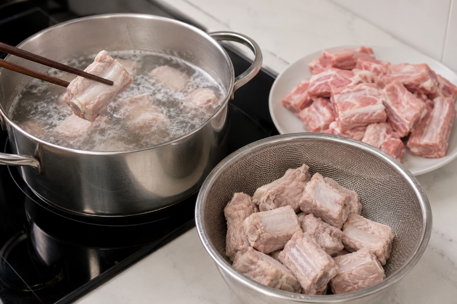 Sườn non được sơ chế sạch và ướp gia vị. Ảnh: Thùy Linh