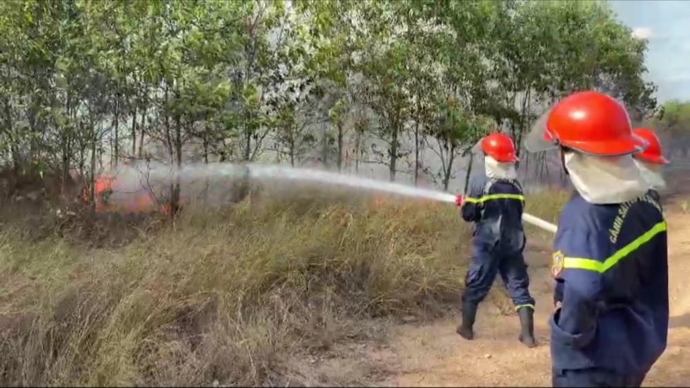 Ninh Chau Commune People's Committee has mobilized forces to make efforts to extinguish the fire. Photo: Thanh Trung