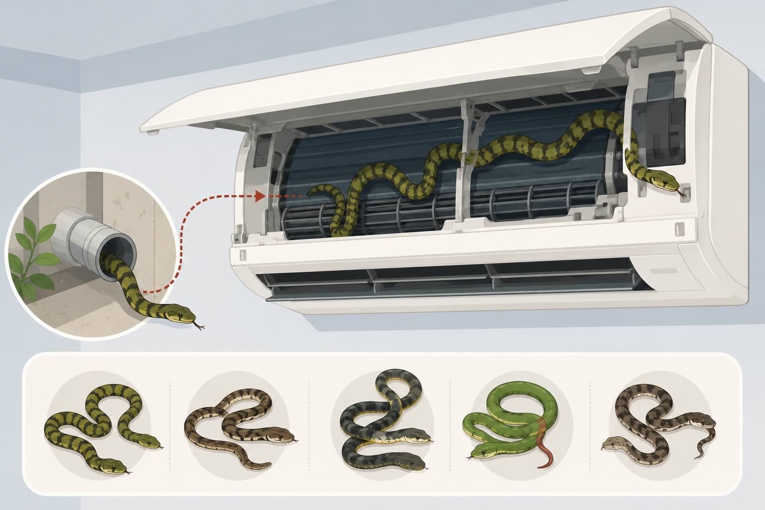 Why do snakes often appear in air conditioners in hot weather?
