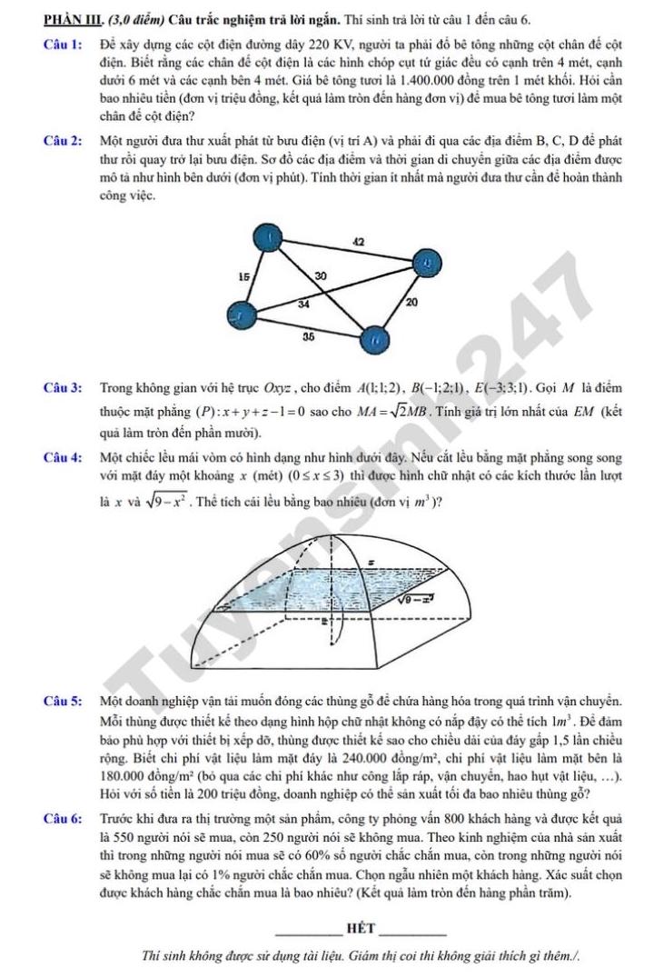 Đề thi thử tốt nghiệp THPT 2026 môn Toán - THPT Ngô Quyền (Sở GDĐT TPHCM). Ảnh: Tuyensinh247
