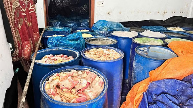 Thịt heo bẩn, độc hại được chủ cơ sở kinh doanh vi phạm mang về cất dấu, chế biến để tiêu thụ ra thị trường. Ảnh: ĐVCC