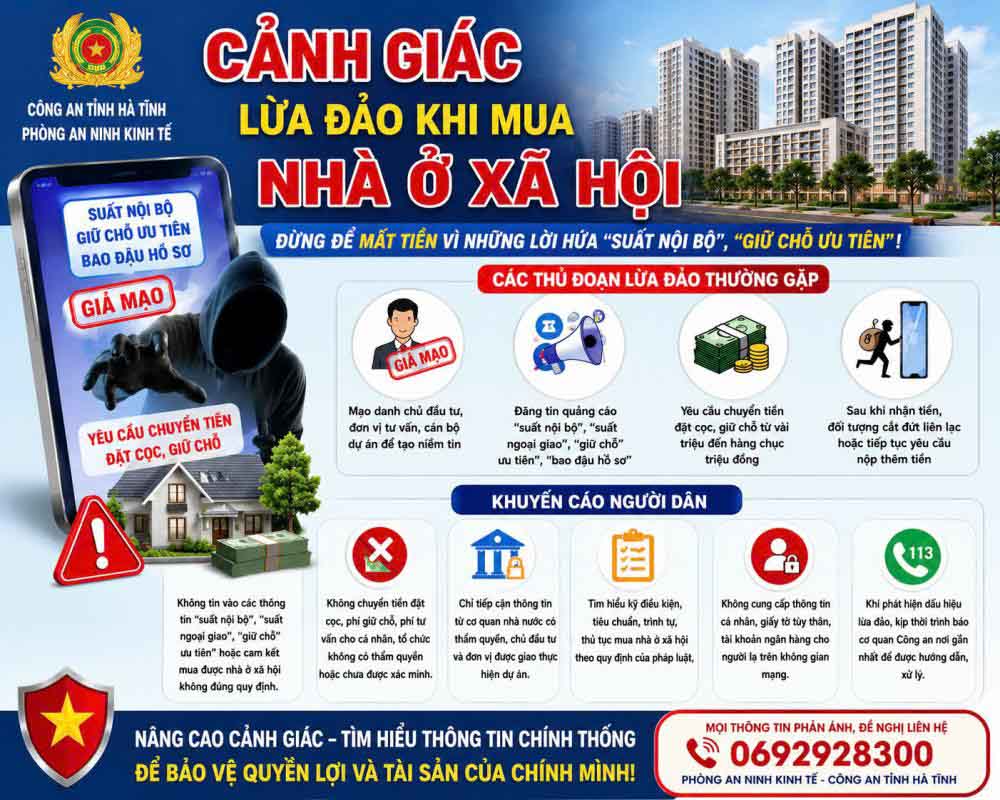 Khuyến cáo cảnh giác với thủ đoạn lừa đảo liên quan đến bán căn hộ nhà ở xã hội. Ảnh: Công an Hà Tĩnh