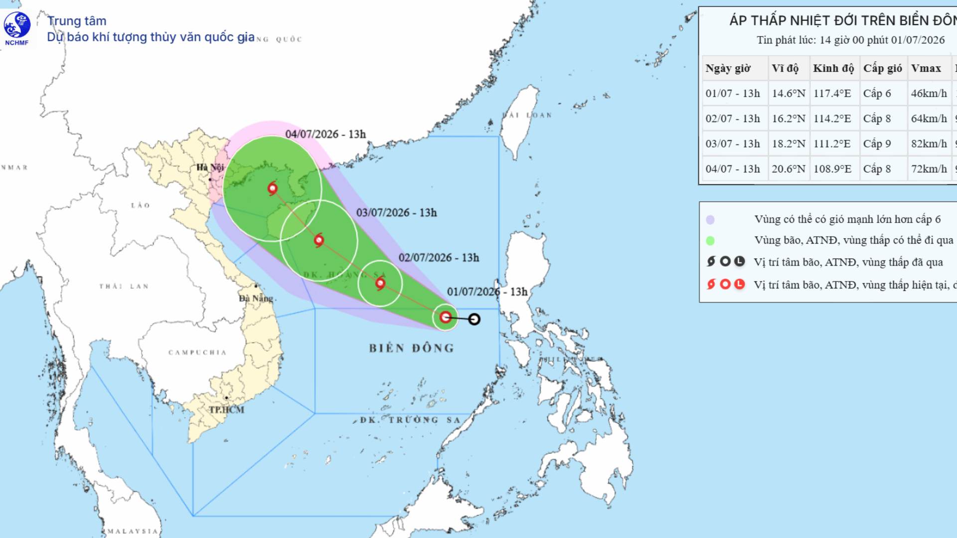 Mise à jour de la position et de la trajectoire de la dépression tropicale susceptible de se renforcer en tempête n° 1 dans les prochaines 24 heures. Source: Centre national de prévisions hydrométéorologiques