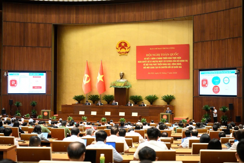 Hội nghị toàn quốc sơ kết 1 năm 6 tháng triển khai thực hiện Nghị quyết 57-NQ/TW của Bộ Chính trị về đột phá phát triển khoa học công nghệ, đổi mới sáng tạo và chuyển đổi số quốc gia. Ảnh: Hải Nguyễn
