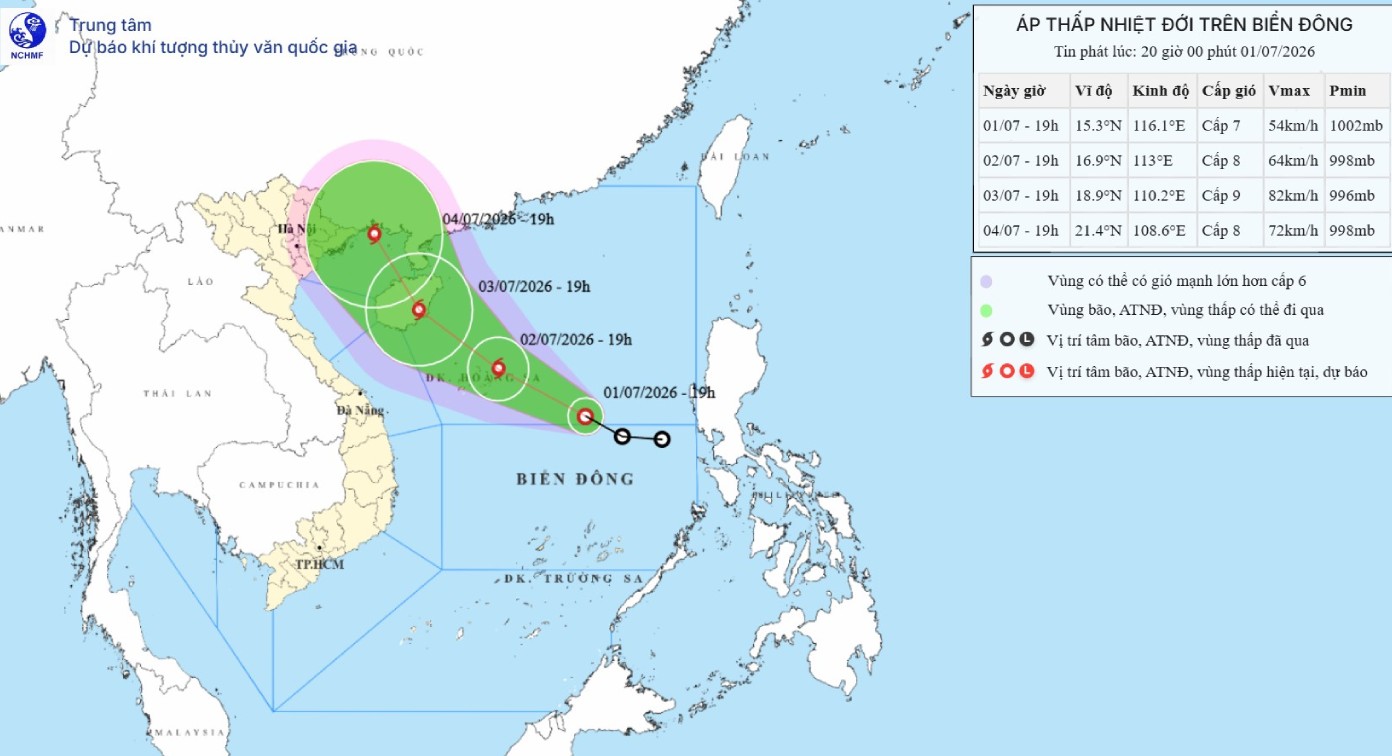 Updated at 8:00 PM on July 1st on the location and path of the tropical depression, likely to strengthen into storm No. 1 in the next 24 hours. Source: National Center for Hydro-Meteorological Forecasting