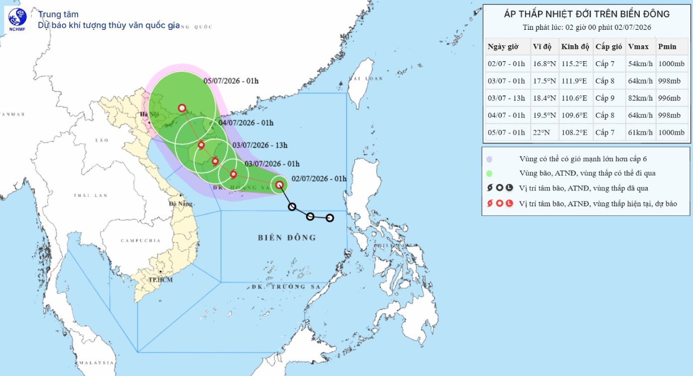 Updated at 1:00 AM on July 2nd on the location and path of the tropical depression, likely to strengthen into storm No. 1 in the next 24 hours. Source: National Center for Hydro-Meteorological Forecasting