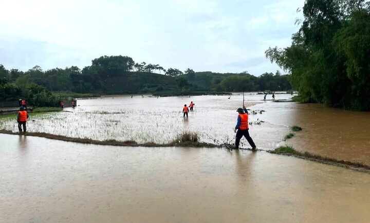 Recherche d'un garçon emporté par les eaux de crue à Thái Nguyên. Photo: Comité populaire de la commune de Phú Đình