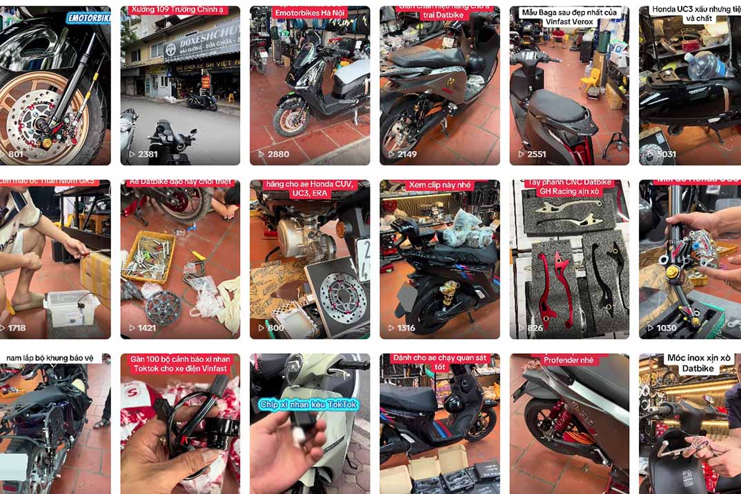 Một kênh mạng xã hội TikTok chuyên quảng cáo và chia sẻ hình ảnh về dịch vụ độ xe máy điện. Ảnh: Nhóm phóng viên