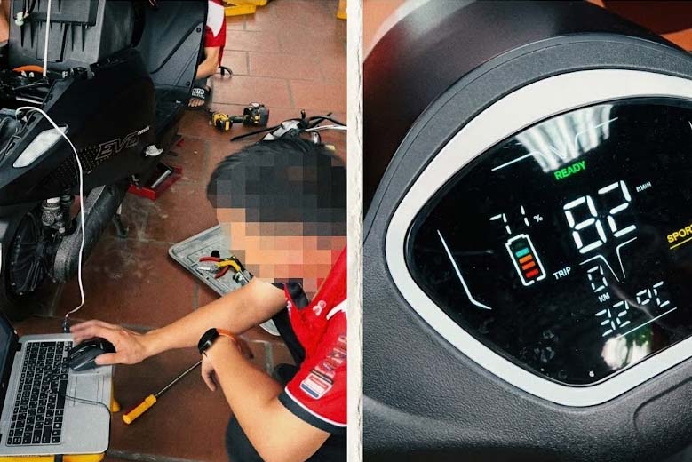 Kỹ thuật viên tại eMotorbikes Hà Nội can thiệp phầm mềm chỉ trong 5 giây để xe máy điện đạt tốc độ 82km/h. Ảnh chụp màn hình: Nhóm phóng viên