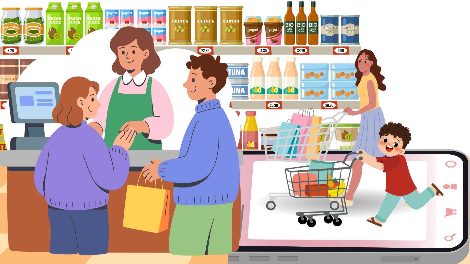 Going to the supermarket with children, how to teach children life skills from simple things. Graphics: Minh Vu/ Canva