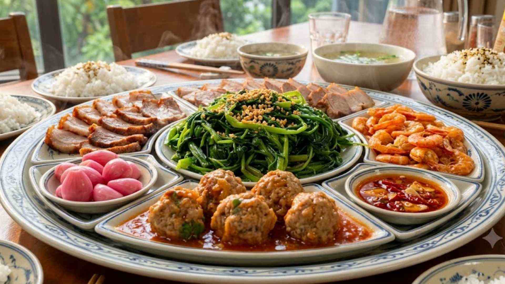Dinner menu with familiar dishes, easy to prepare but still ensuring full nutrients. Photo created by AI