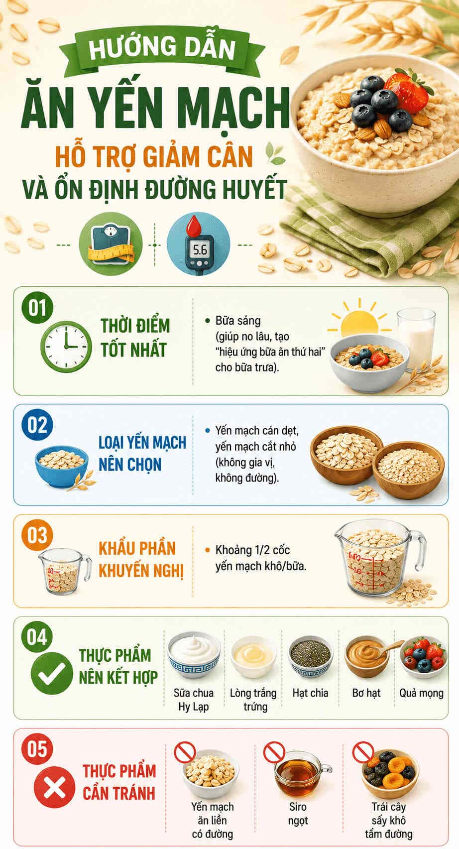 Infographic: Mẹo ăn yến mạch hỗ trợ giảm cân, ổn định đường huyết. Việc kết hợp yến mạch cùng nguồn protein lành mạnh là bí quyết để duy trì cảm giác no lâu. Đồ họa: AI