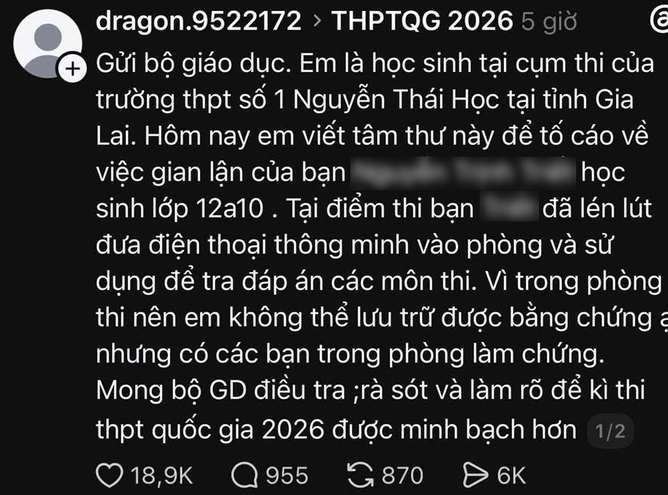 Bài đăng trên mạng xã hội Threads tố thí sinh N.T.Tr gian lận trong kỳ thi tốt nghiệp THPT năm 2026. Ảnh chụp màn hình.