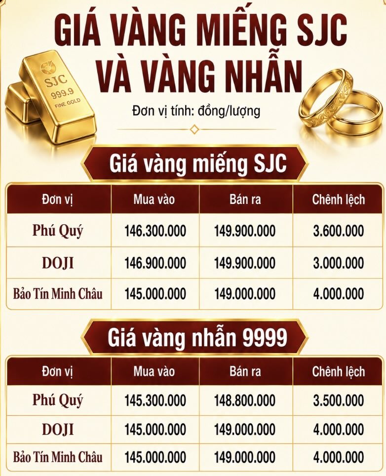Giá vàng miếng SJC và nhẫn trơn tại một số đơn vị kinh doanh. Đơn vị: đồng/lượng. Bảng: AI