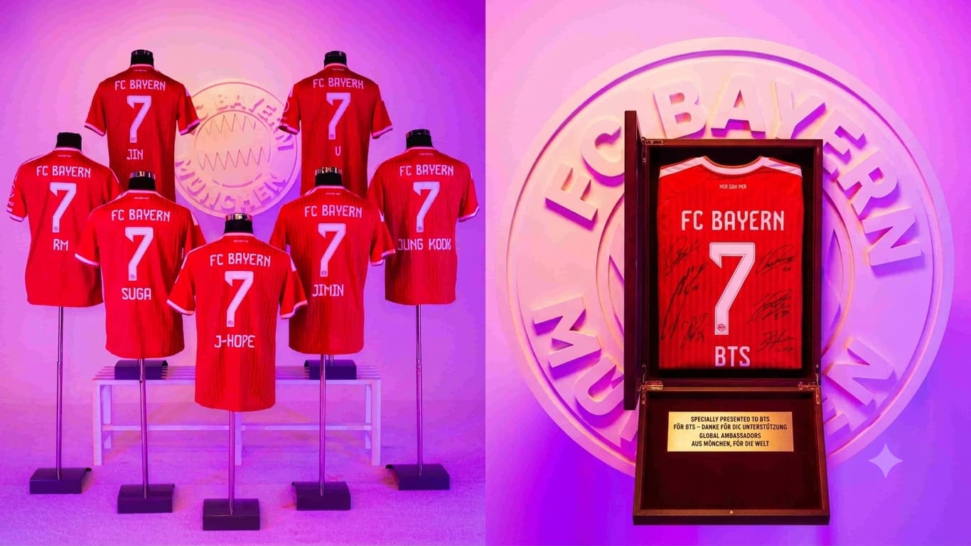 FC Bayern Munich thiết kế 8 chiếc áo đấu dành tặng cho BTS trong chuyến lưu diễn “Arirang” tại Allianz Arena. Ảnh tạo bởi AI Gemini