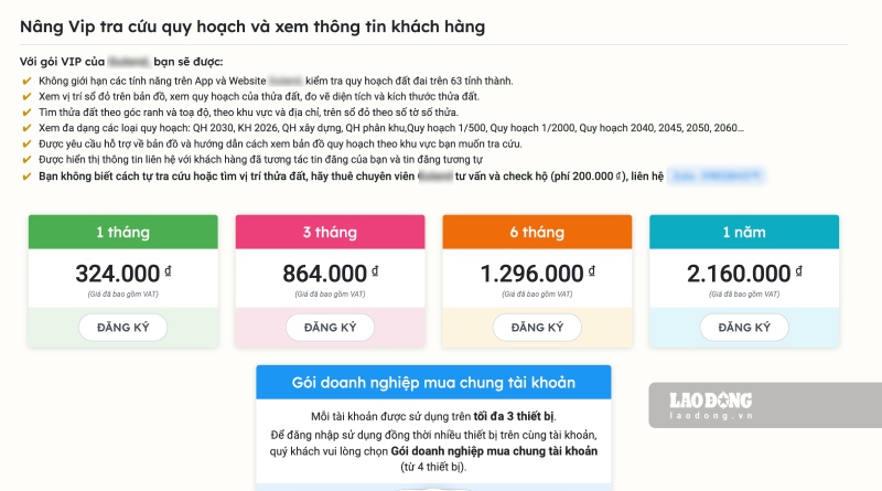 Một website bán các gói VIP check quy hoạch có giá hàng triệu đồng. Ảnh: Trí Minh