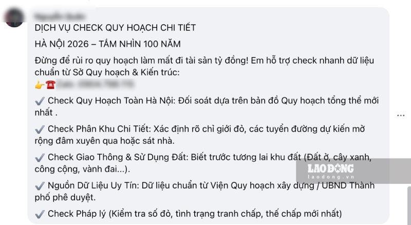 Nhan nhản các thông tin quảng cáo dịch vụ check quy hoạch trên mạng xã hội. Ảnh: Trí Minh
